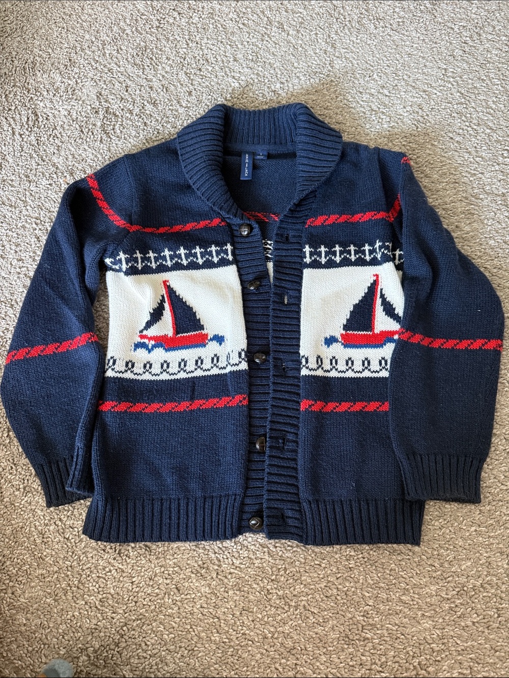 Janie and Jack Navy Sailboat Shawl-Collar Cardigan with Red Accents